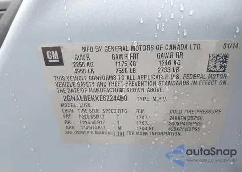 2014 Chevrolet Equinox 1Lt from USA, damaged, VIN 2GNALBEKXE6224450